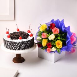 A classic bouquet of fresh roses paired with a delectable cake, making a perfect gift for any special occasion.