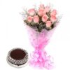 A beautiful bouquet of fresh flowers paired with a delicious cake, creating a delightful gift for any special occasion.