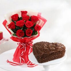 Heart-shaped truffle cake with ruby red accents, ideal for Valentine's Day, anniversaries, and romantic surprises.