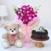 Elegant Purple Orchids paired with a decadent chocolate truffle cake, making the perfect gift for birthdays, anniversaries, and special moments.