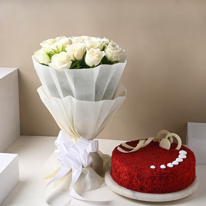 Pearl Roses Bliss With Red Velvet Elegant White Serenade Roses & Velvet Love bouquet, featuring pristine white roses and lush velvety blooms, perfect for romantic and special occasions.