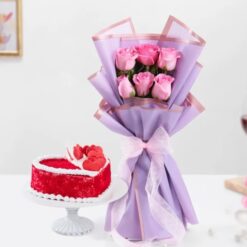 Elegant bouquet of roses paired with a rich velvet cake, ideal for anniversaries, Valentine's Day, and special occasions.