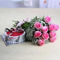A sophisticated bouquet of roses paired with a delectable cake, ideal for elegant celebrations and memorable gifting.
