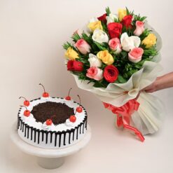 Scarlet Love Roses & Cake combo with elegant red roses and a delectable cake, ideal for Valentine's Day and anniversaries.