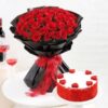 Rosy Velvet Indulgence featuring a rich velvet cake and elegant red roses, perfect for special occasions and romantic surprises.