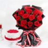 A beautiful bouquet of velvety roses paired with a delicious cake, making an ideal gift for romantic and special occasions.