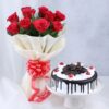 A stunning bouquet of passionate blooms paired with a classic Black Forest Cake, perfect for romantic surprises and special occasions.