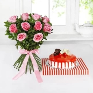 Small Rose Bouquet with Cake A stunning floral arrangement with a delicious cake, ideal for expressing love and joy on special occasions.