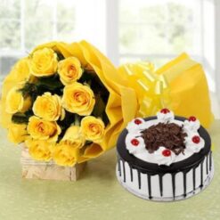 A radiant floral arrangement paired with a delectable cake, creating a joyful and heartwarming gift for any special occasion.