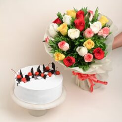 A charming bouquet of mixed roses paired with a rich, creamy Black Forest cake, perfect for birthdays, anniversaries, and special celebrations.