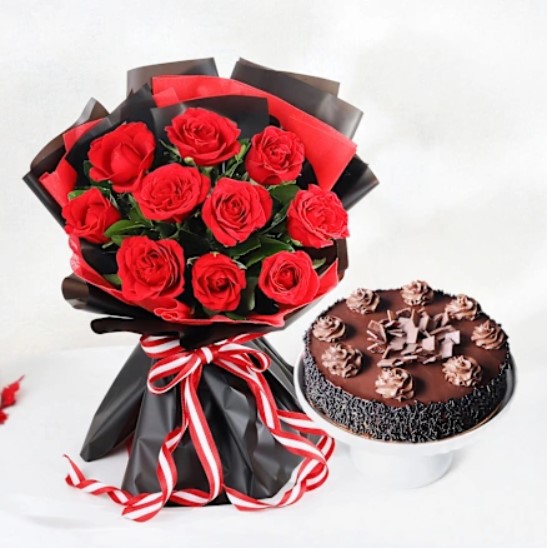 Truffle Love & Red Petals Duo A romantic gift combo featuring fresh roses and a delicious cake, ideal for anniversaries, birthdays, and heartfelt surprises.
