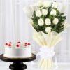 Elegant Pure Passion Roses bouquet with a delicious cake, ideal for romantic surprises, anniversaries, and special celebrations.