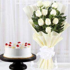 Elegant Pure Passion Roses bouquet with a delicious cake, ideal for romantic surprises, anniversaries, and special celebrations.