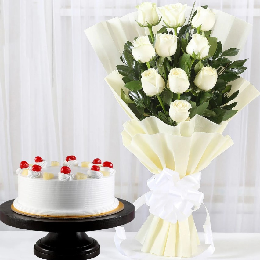 White Roses Pineapple Cake Elegant Pure Passion Roses bouquet with a delicious cake, ideal for romantic surprises, anniversaries, and special celebrations.